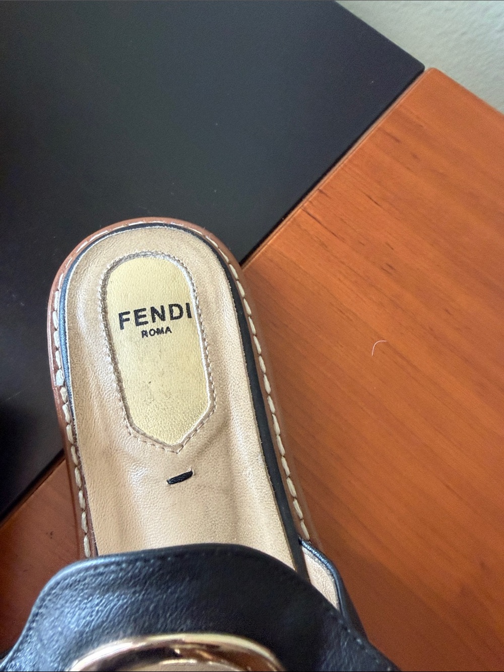 Fendi Black Leather Slides with Gold FF Medallion - Picture 4 of 6